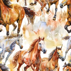 Galloping horses across open fields, dynamic watercolor, seamless pattern, flowing manes, freedomâ€™s spirit, vivid landscapes. Seamless Pattern, Fabric Pattern, Tumbler Wrap, Mug Wrap.