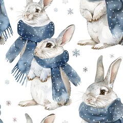 Wall Mural - Snowy rabbits with scarves, cozy watercolor, seamless pattern, warm knits, soft whites and blues, winter snuggles.Seamless Pattern, Fabric Pattern, Tumbler Wrap, Mug Wrap.