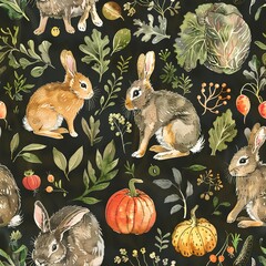 Wall Mural - Rabbits in vegetable gardens, bountiful watercolor, seamless pattern, vibrant greens and earthy tones, harvest joy. Seamless Pattern, Fabric Pattern, Tumbler Wrap, Mug Wrap.