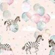 Baby zebras and pastel balloons, gentle watercolor, seamless pattern, soft pastels, joyful celebration, floating dreams. Seamless Pattern, Fabric Pattern, Tumbler Wrap, Mug Wrap.