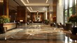 An upscale business hotel lobby exuding elegance and refinement, with plush furnishings, contemporary artwork, and attentive staff providing a welcoming atmosphere for discerning travelers 