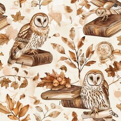 Sticker - Owls and ancient books, scholarly watercolor, seamless pattern, parchment hues and soft browns, wisdom seekers.Seamless Pattern, Fabric Pattern, Tumbler Wrap, Mug Wrap.