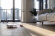 Modern loft interior with advanced robot vacuum cleaner performing daily cleaning tasks