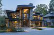  A stunning modern home in the center of Canada's powerful capital, with a cottagecore style featuring stone and glass accents, photographed at dusk with ambient lighting. Created with Ai