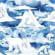 Polar bears and icebergs, chilly watercolor, seamless pattern, crisp whites and icy blues, serene arctic wonders. Seamless Pattern, Fabric Pattern, Tumbler Wrap, Mug Wrap.