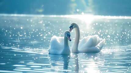 Poster - Swans on a Sparkling Blue Lake in Bright Daylight Swans in a Pond Nature Collection