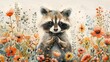 Lively and colorful watercolor illustration of a cute raccoon enjoying the beauty of a richly blossomed garden