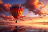 Hot air balloon over the lake at sunset, beautiful landscape