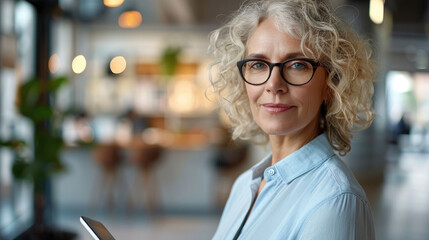 Wall Mural - Curly haired middle aged business woman manager wearing light blue shirt and glasses standing in modern office using tablet computer and smiling at camera