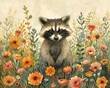 Artistic depiction of a raccoon in a fantasy flower garden, using watercolor to create a bright and enchanting atmosphere