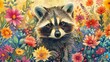 Delightful illustration of a raccoon exploring a colorful garden of flowers, rendered in vivid watercolor tones