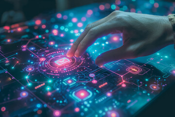 Poster - A hand is touching a glowing, colorful screen with a red dot in the middle