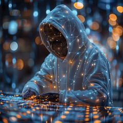 Poster - A man in a hoodie is sitting at a table with a computer