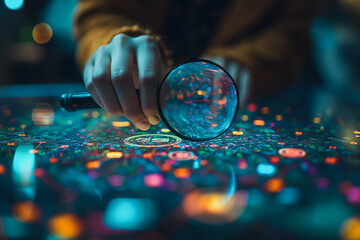 Poster - A person is holding a magnifying glass over a colorful surface