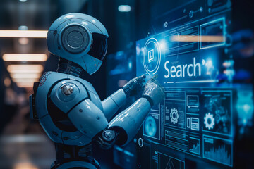 Poster - A robot is pointing at a screen with the word search on it
