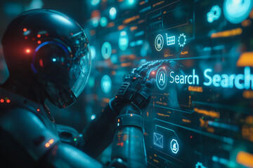 Poster - A robot is touching a screen with the word search on it