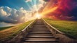 long staircase to rainbow dramatic clouds with sunlight rays fantasy background from Generative AI