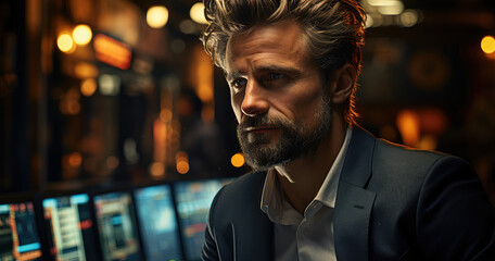 Cinematic shot of a blonde man with a short beard and hair in a suit sitting at a computer. Created with Ai