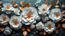 3D Paper Art Of White Camellias And Rose Flowers With Gold Leaves On A Dark Blue Background. Created With Ai