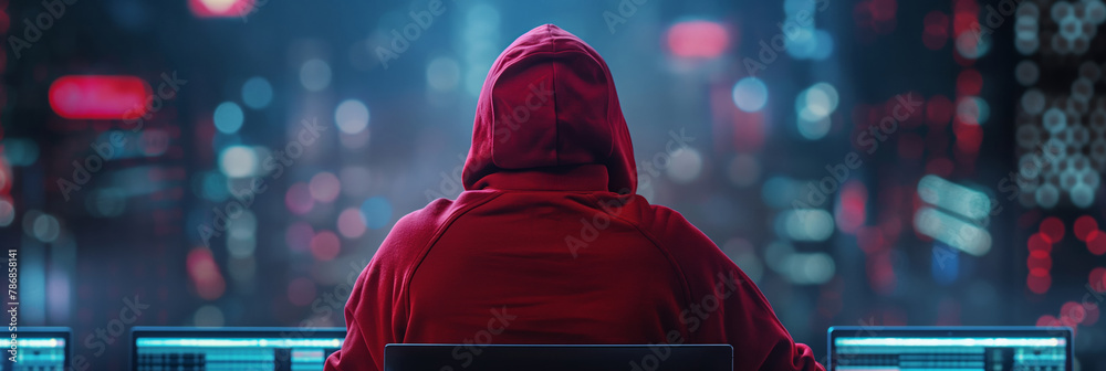 Red Hacking/computer hacker with red hoodie sitting in front of Laptop or computer, hacking ...