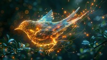 A Scene Depicting A Glowing, Ethereal Bird Composed Of Digital Pixels