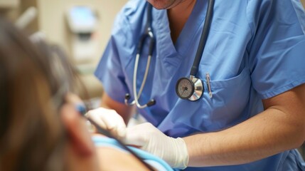 A nurse performing a cardiac assessment on a patient. 