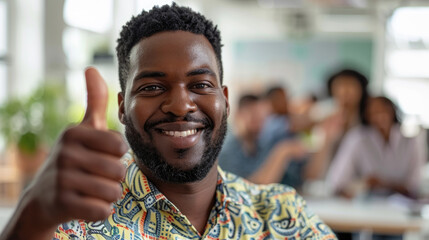 Wall Mural - Portrait of happy African American business leader in casual shirt giving thumbs up, group of diverse office workers are in blurry background