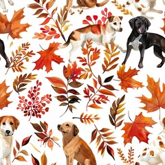 Poster - Dogs and autumn leaves, seasonal watercolor, seamless pattern, rich oranges and reds, fall play, crisp air. Seamless Pattern, Fabric Pattern, Tumbler Wrap, Mug Wrap.