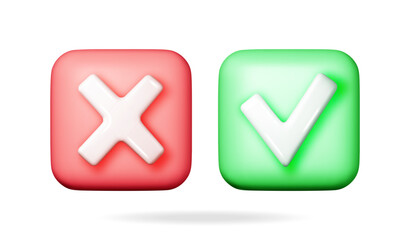 Poster - 3D right and wrong button shape. Green Yes and red no correct incorrect sign. Checkmark tick Rejection, cancel, error, stop, negative, agreement approval or trust symbol. Vector illustration