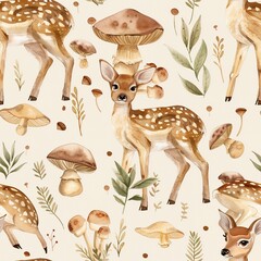 Wall Mural - Baby deer and forest mushrooms, whimsical watercolor, seamless pattern, earthy tones, enchanted forests, magical discoveries. Seamless Pattern, Fabric Pattern, Tumbler Wrap, Mug Wrap.