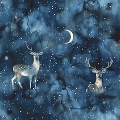 Wall Mural - Moonlit deer and starry skies, mystical watercolor, seamless pattern, night blues and silvery sparkles, tranquil nights.Seamless Pattern, Fabric Pattern, Tumbler Wrap, Mug Wrap.