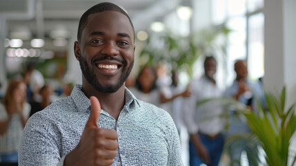 Wall Mural - Portrait of happy African American business leader in casual shirt giving thumbs up, group of diverse office workers are in blurry background