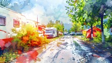 Colorful Artistic Rendering Of A Campground With Recreational Vehicles After Rain