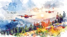 Fleet Of Rescue Drones Flying Over A Mountainous Landscape At Sunrise, Watercolor Artistry