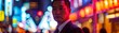 A yakuza member stands in the middle of a busy street in Tokyo, surrounded by neon lights and people.