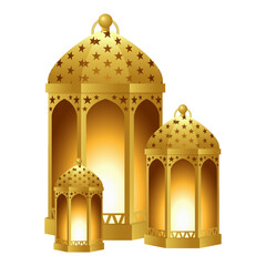 Wall Mural - Vector illustration of golden Islamic lanterns on transparent background