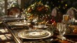 A festive table set with elegant china and sparkling silverware, awaiting the arrival of friends and family for a holiday feast. 8k, realistic, full ultra HD, high resolution, and cinematic