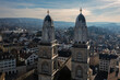 Zurich, Switzerland: Aerial view of the bell towers of the medieval Grossmunster cathedral in Zurich old town