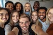 © nicole - Multicultural happy people taking group selfie portrait in the office, diverse people celebrating together, Happy lifestyle and teamwork concept