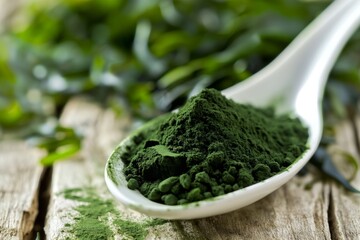 Macro shot of spirulina powder on a white spoon with seaweed on the wooden background. Concept: nutritional supplements and healthy lifestyles, product for detox or superfoods.