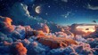 Sweet dreams visualized with a bed nestled among clouds under the watchful eye of the night sky's moon