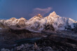 Twilight over Mt Everest summit view from the Kala Patthar viewpoint in the Himalayas in Nepal