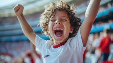 Wall Mural - A jubilant soccer fan celebrates a goal, cheering and clapping in a stadium filled with spectators during a crucial match. AIG41