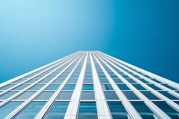 Wall Mural - Front view of a white modern skyscraper perfect symmetry with blue sky and copy space. Architecture background concept . photo on white isolated background