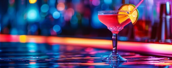 Drink, alcoholic cocktail on the bar counter. A trendy, modern dark bar in neon color. Bright colors. Preparation of refreshing drinks