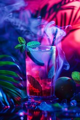 Wall Mural - Drink, alcoholic cocktail on the bar counter. A trendy, modern dark bar in neon color. Bright colors. Preparation of refreshing drinks