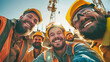 A group of cheerful construction workers stand in a row, sharing a moment of laughter and camaraderie