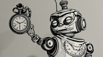 A black and white drawing of a robot holding a pocket watch in its hand. The robot has a clock for a head and a clock on its chest.