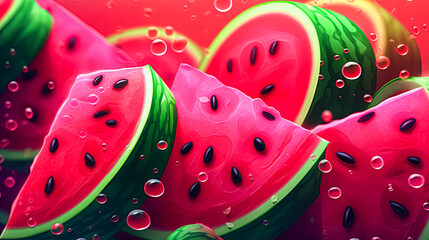 Wall Mural - A close up of watermelon slices on a pink background.