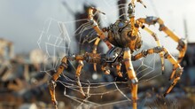 A Steampunk Spider Made Of Metal And Gears Spins A Web In An Abandoned Factory
